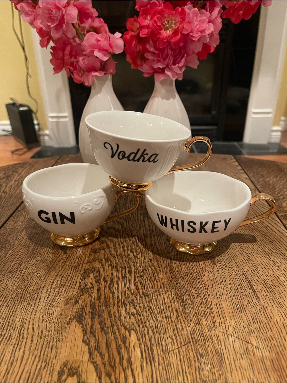 Indigo White Ceramic Cups with Gold Handles & Bases - Vodka Gin Whiskey Set